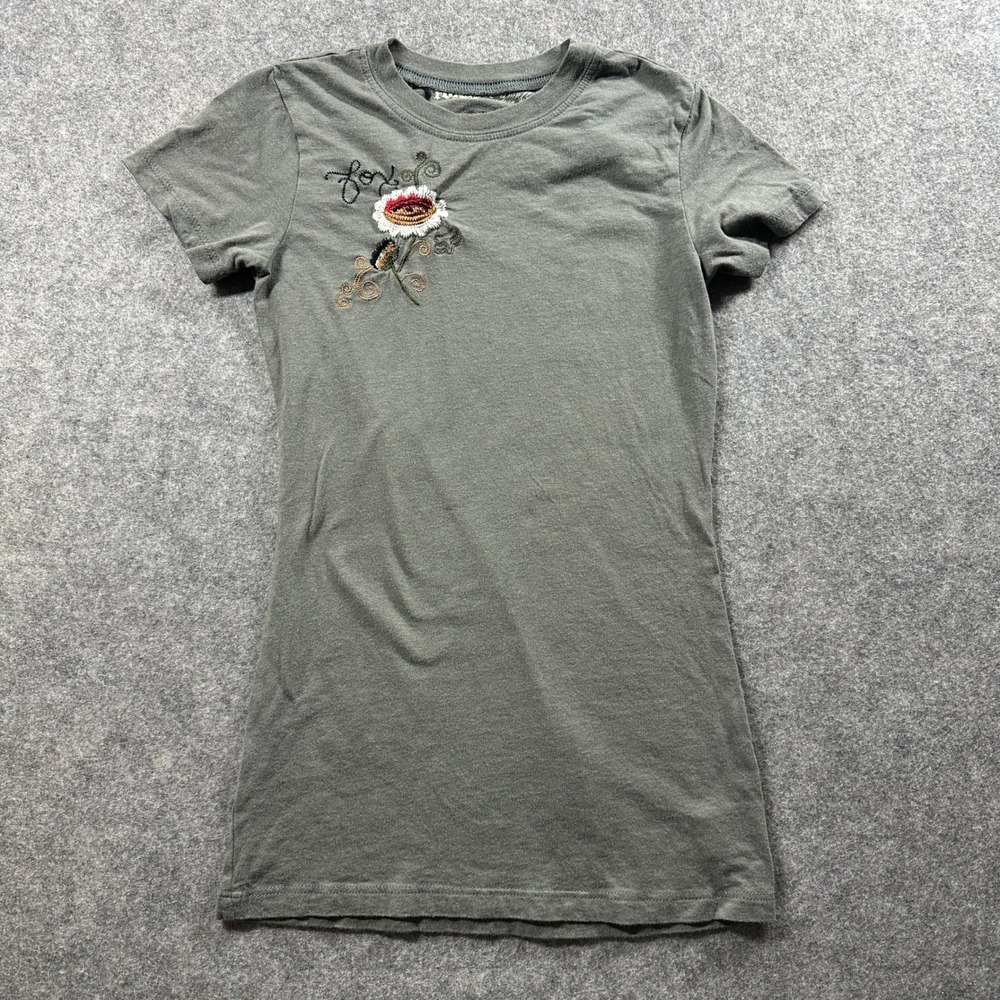 Fox Racing Baby Tee Womens XS Green Floral Embroidered Y2K Moto Crew Neck Shirt